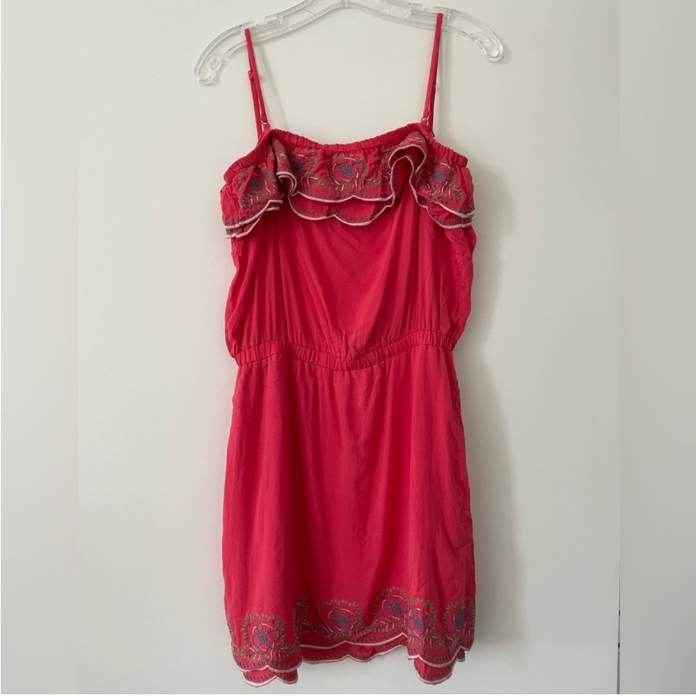 Coral Mini Dress - Embroidered Colorful Boho Sundress Style - Size M